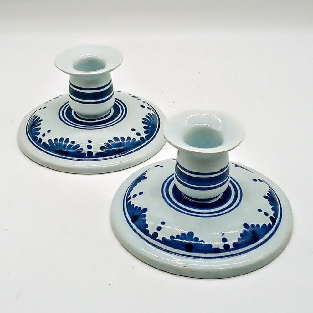 Henriot Quimper France Blue White Ceramic Candle Holders (2)